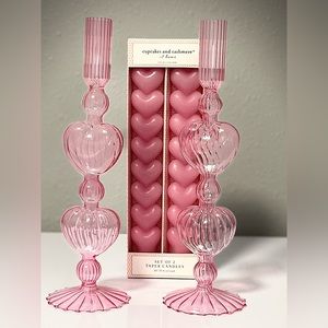 Cupcakes & Cashmere Valentine Pink Heart Taper Candles & Candlestick Set